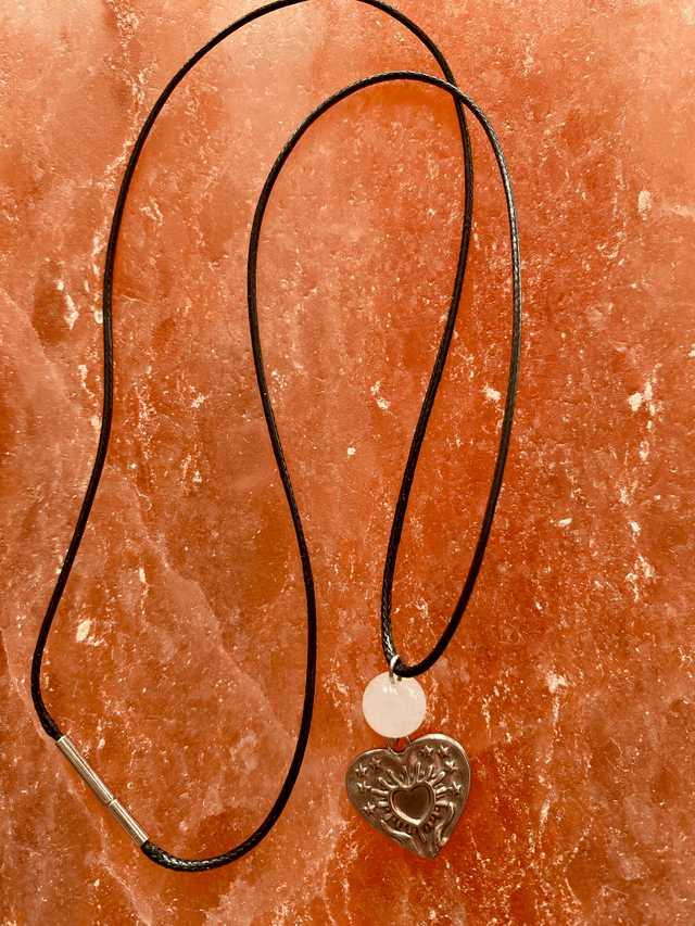 Pendentif Coeur en Inox & Quartz Rose sur cordon
