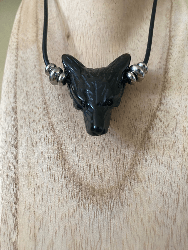 Pendentif Loup en Obsidienne Dorée sur cordon en Cuir - Pendentif Homme