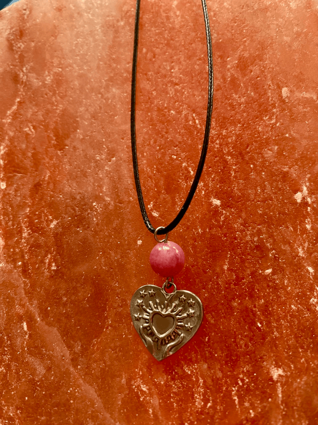 Pendentif Coeur en Inox & Quartz Fraise sur cordon